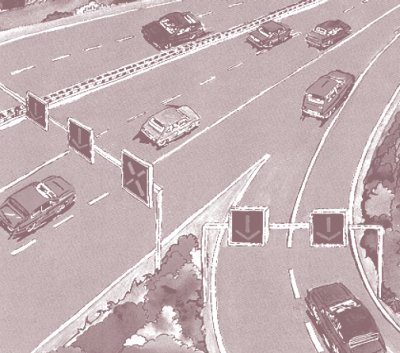 Schematic of junction control Germany shows lane control signals over both upstream approaches in advance of the merge.