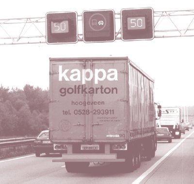 Photo of a sign gantry displaying a pictograph prohibiting heavy vehicles from passing on the left at a dynamic truck restriction testing site in the Netherlands.