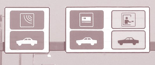 Photo of toll-related signing in Denmark: a car and radio waves, a car and a toll card, and a car and a toll taker.