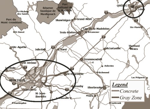 Map of concrete and "gray zone" routes in Qu&eacute;bec.