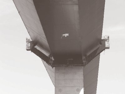 Photo of permanent traveler on Great Link Bridge to provide inspection and maintenance access to underside of superstructure.