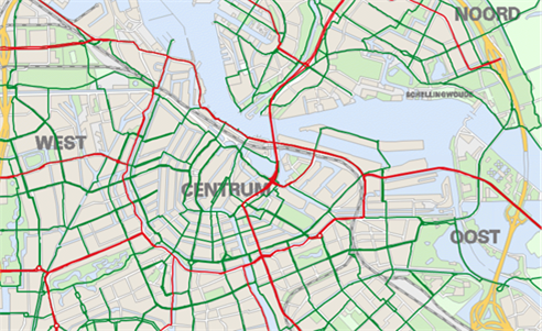 Figure 28 PlusNet bicycle and PlusNet auto - Description: Map of the city of Amsterdam with red and green lines mapping out routes to take with Plus Net bicycle and PlusNet auto.