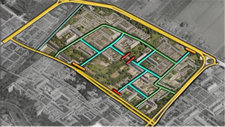 Figure 37 Changes to the original 1960s grid - Description: An aerial view of Overvecht and the original grid with a yellow line encompassing the top half of it, and a green line cutting a boot like into the original rectangle. The green boot like shape is then split into a grid with blue lines, and 3 red marks are made within the grid.