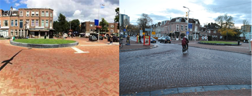 Figure 43-44 Intersection - Description: The first picture shows a clear intersection with a section of grass in the middle of it. The second picture shows an intersection with cars and cyclists on it 