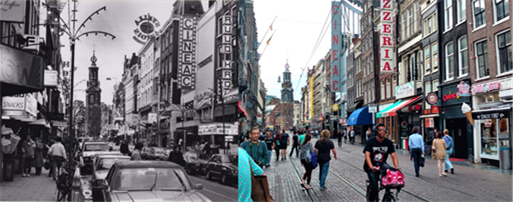 Figure 50-51 Reguliersbreestraat (1984-2017) - Description: The first picture is a black and white picture of a street filled with stores and large store signs lining the streets with cars lining the side of the roads. The second picture is the same street filled with stores and large store signs with people walking down the streets.