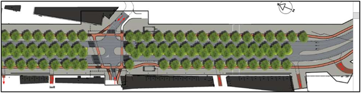 Figure 58 Planning Map - Description: An aerial view of a city map showing three streets and one intersection separated by three lines of trees