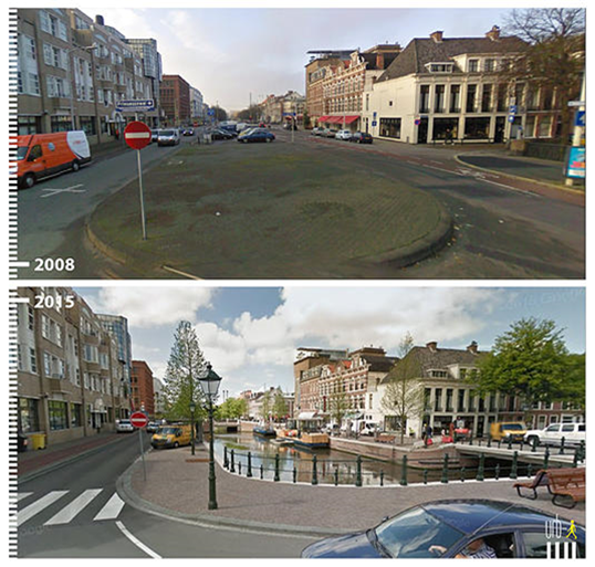 Figure Veenkade in the Hague. Before and after - Description: Two pictures from 2008 and 2015 taken by a street camera showing an intersection. The first picture shows two streets with a roundabout in the middle of it with building surrounding it. The second picture is the same street with a body of water in between the two streets with a boat in the water.
